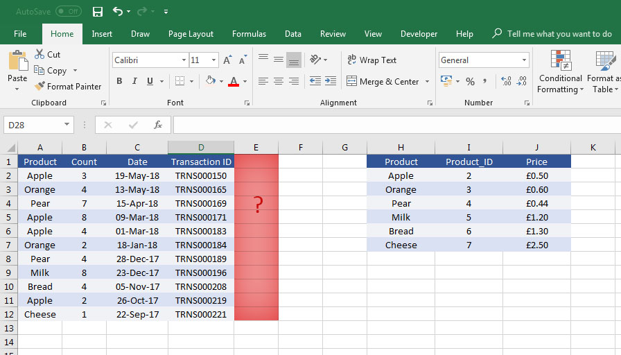 Vlookup example prices